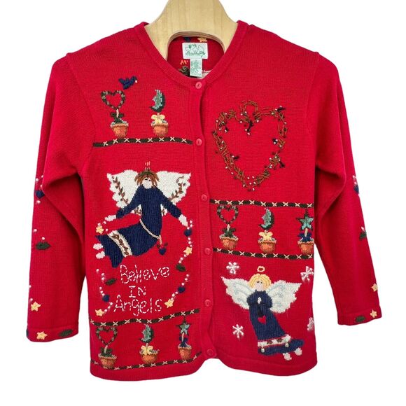 Quacker‎ Factory Red Holiday Christmas Folk Art Angels Cardigan Country Med - Picture 1 of 8